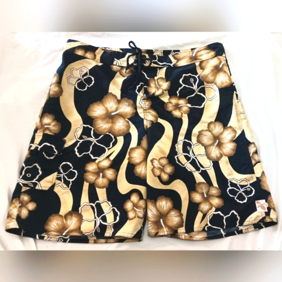 Hawaiian Board Shorts 40 Pocket Surf Trunks Beach Black Gold White - Picture 1 of 13